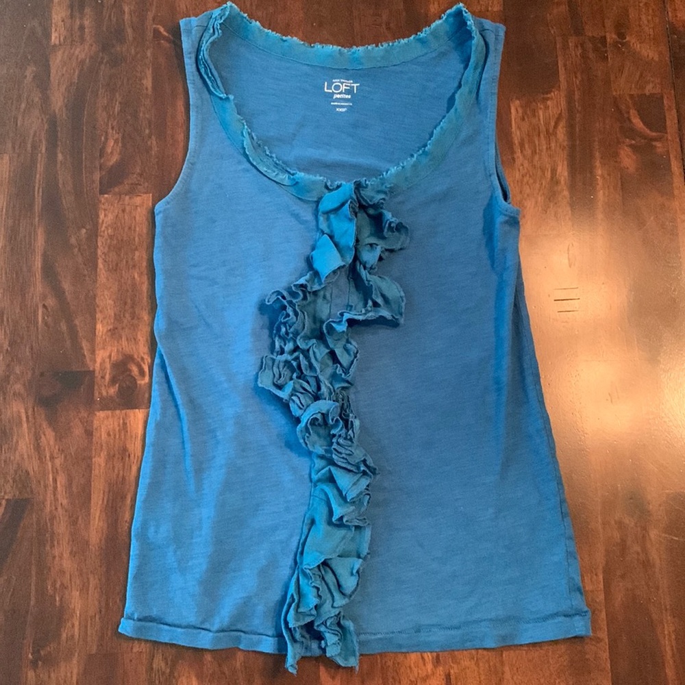 EUC LOFT blue ruffle tank, XXS petite
